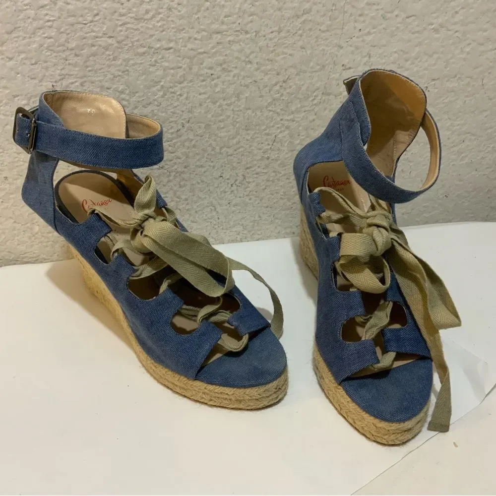 Castaner Leather lace up Denim look platform Wedge Espadrille Sandals 39